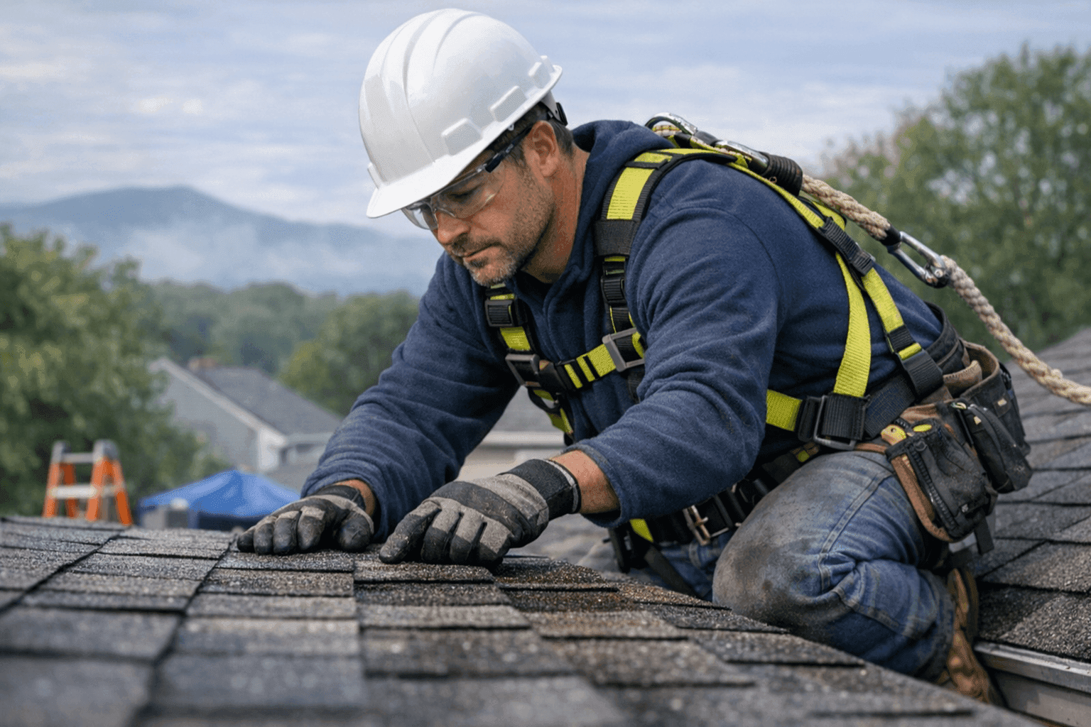 Kingston NY roofer inspecting asphalt shingles after a storm