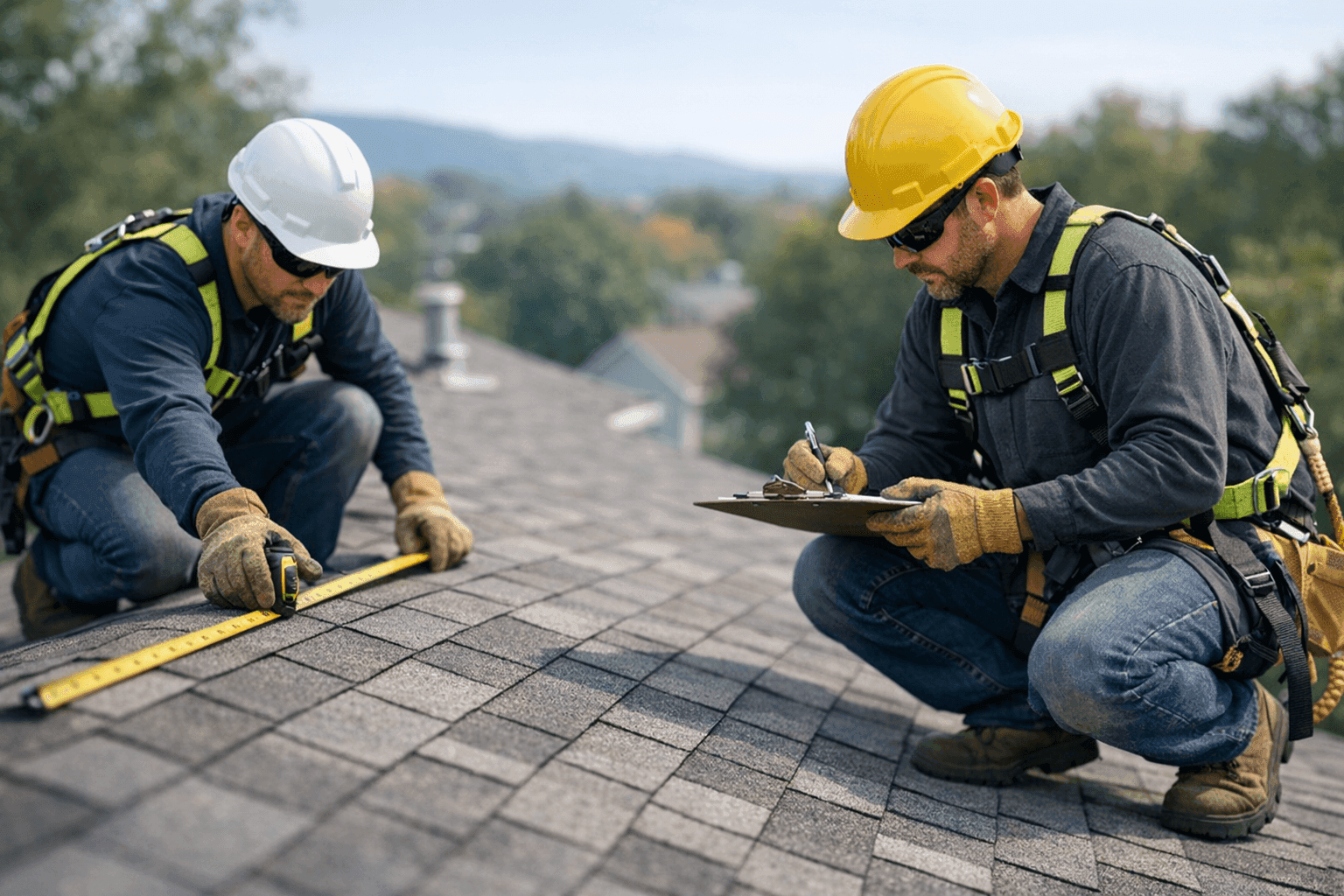 Roofers measuring a Kingston NY home’s roof for replacement cost estimate