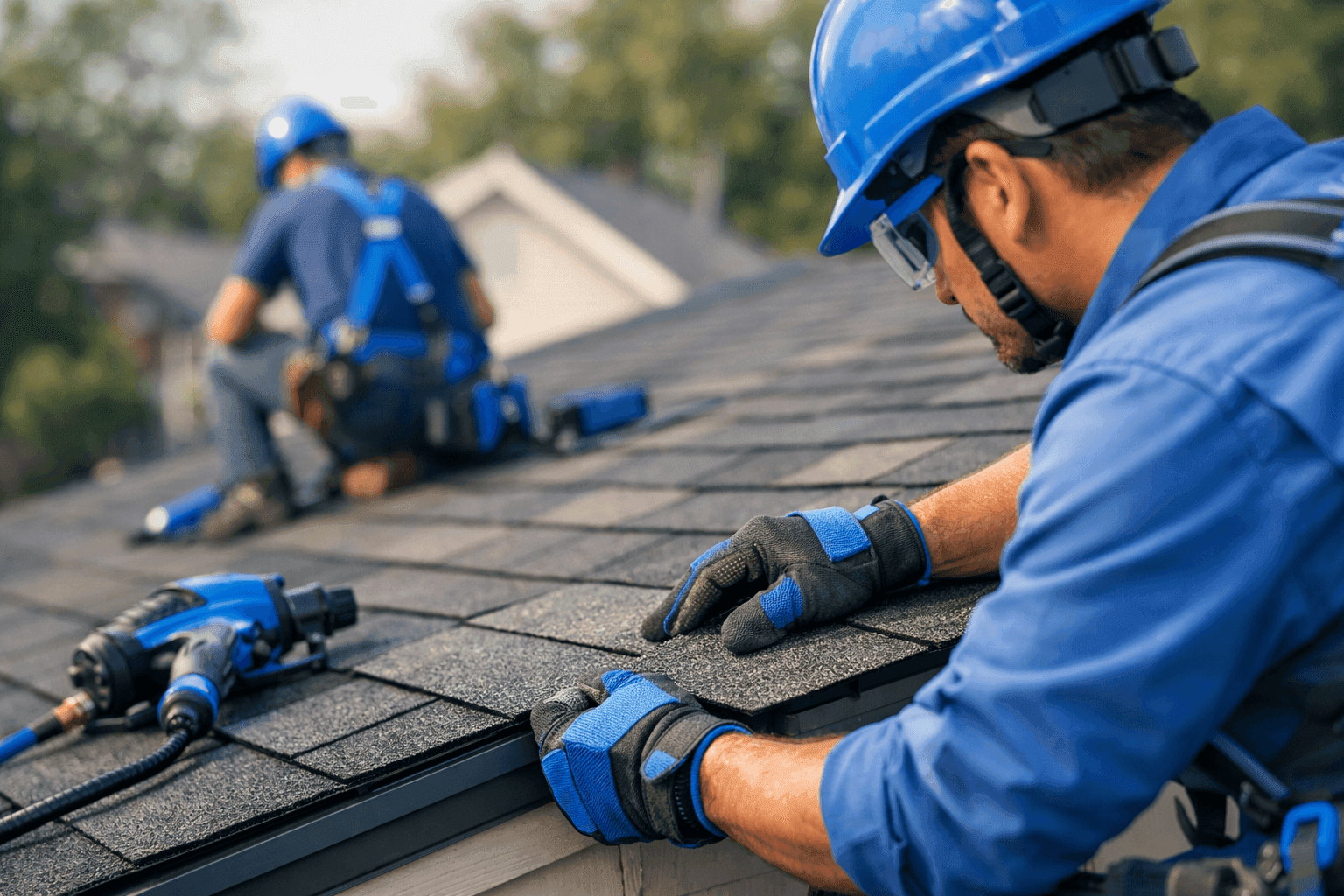 Professional roofer wearing helmet and gloves handling roofing materials on residential roof